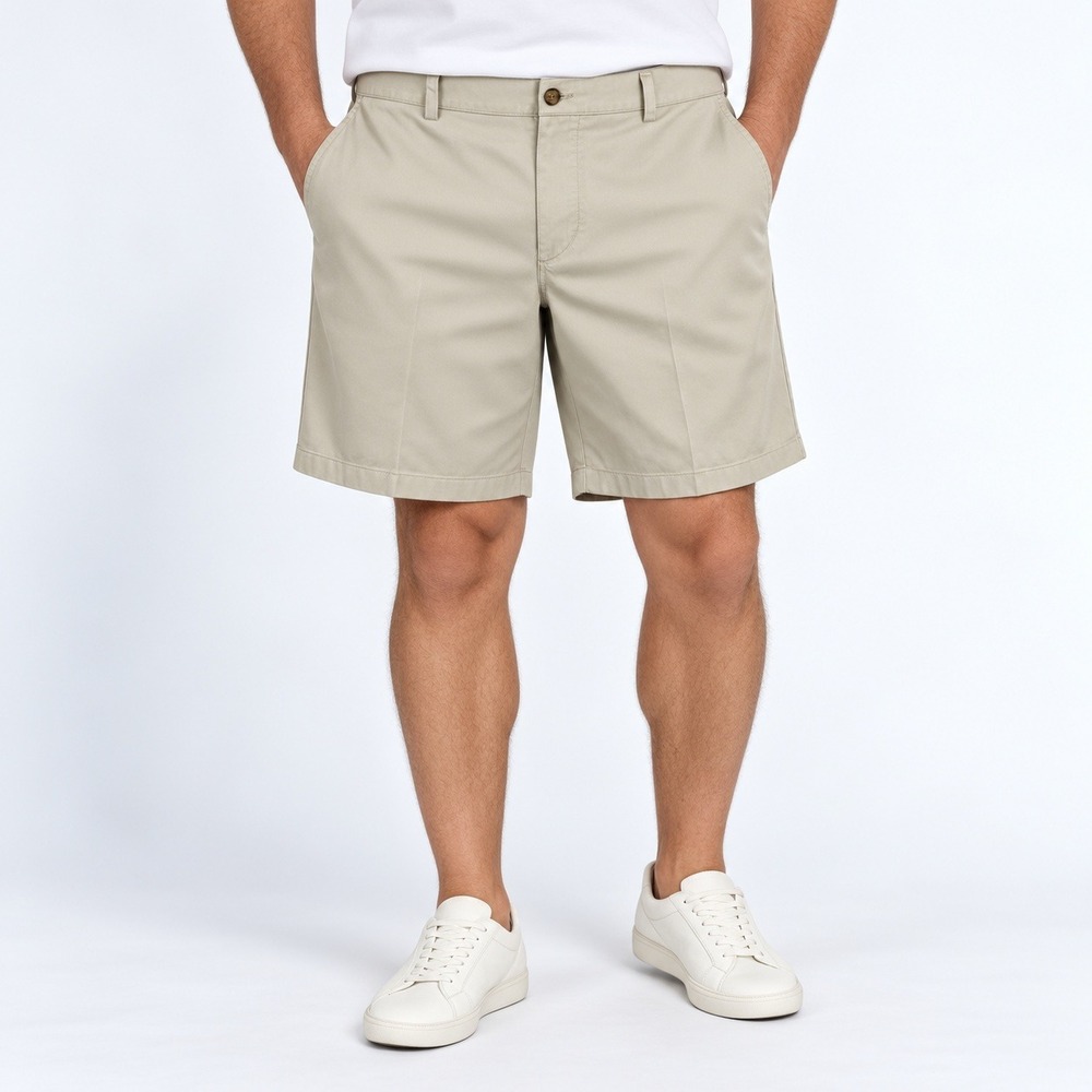 LL Bean Comfort Waist‎ Shorts Mens 44 Khaki Tan Cotton Twill Flat Front Chino